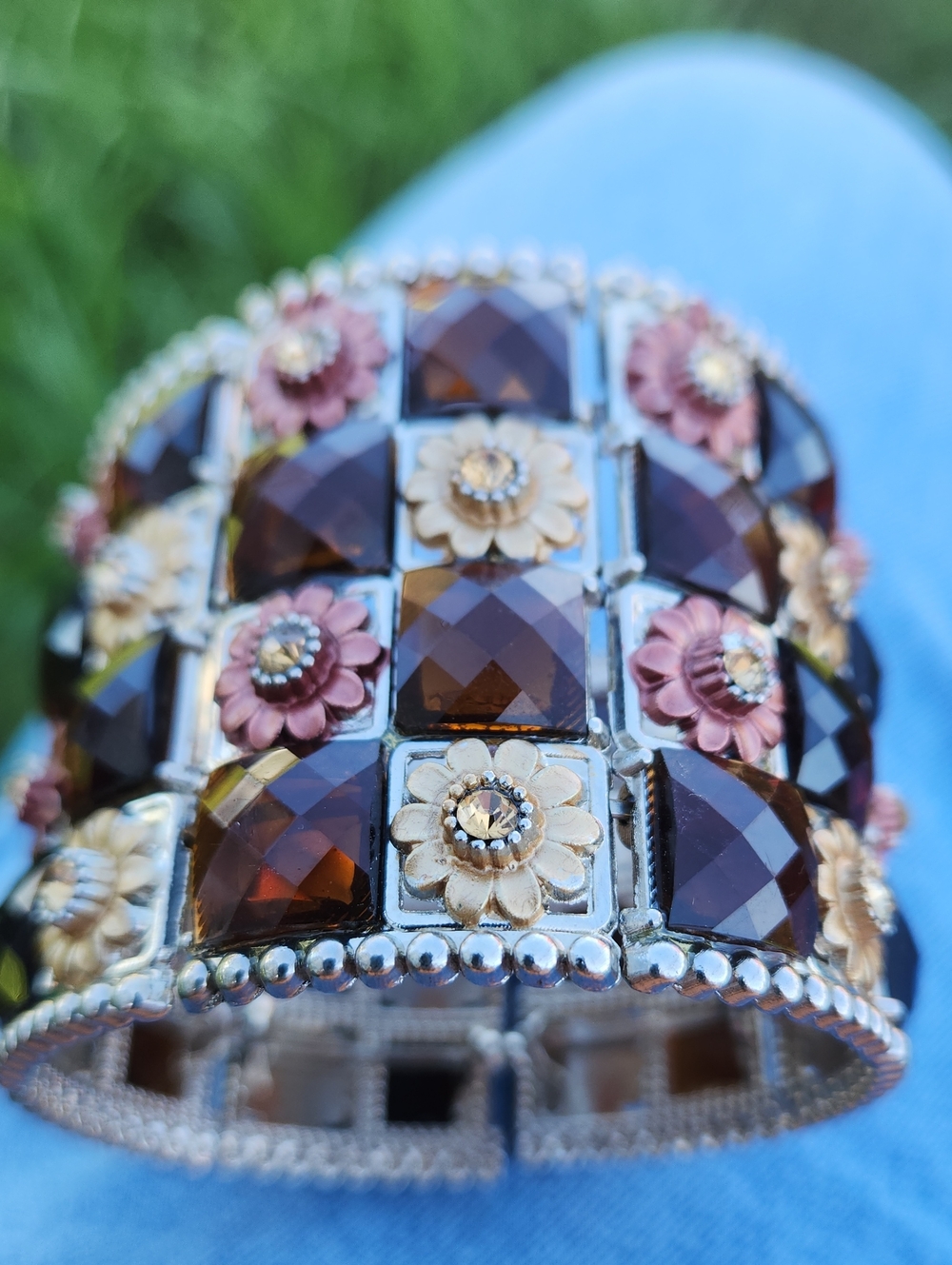 Floral Faceted Brown Gem Cuff Bracelet - Women Jewelry